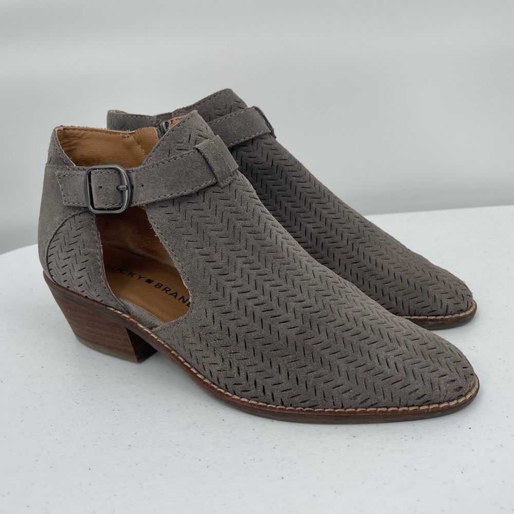lucky brand follia gray perforated pointed toe ankle boots